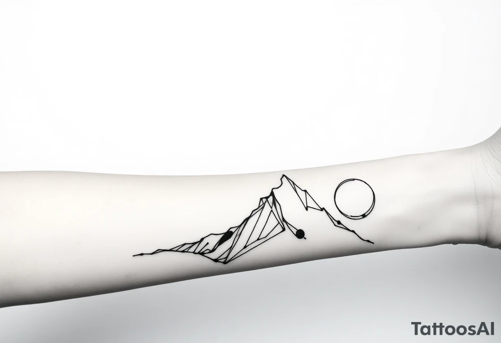 Black-ink forearm tattoo design symbolizing father and son, legacy, and continuation of unfinished dreams. Central element: a rising, flowing abstract line or path that starts fragmented at the bottom (representing the father’s unfinished life/work) and becomes solid and ascending toward the top (symbolizing the son carrying the legacy forward). Above the path, a subtle, ethereal outline of the father’s figure, abstract and composed of fine black lines and geometric fragments, watching proudly over the rising line, hand or energy reaching down as if cheering him on. Include two interlocking circular shapes along the path to symbolize their bond and the transfer of legacy. Hidden within the lines, integrate the Roman numerals “VI·IV·MMXXIII” in a subtle, elegant way. Style: minimalistic black ink, fine-line, geometric abstraction with emotional depth, clean composition for forearm placement, focus on symbolism, connection, guidance, and transcendence. tattoo idea