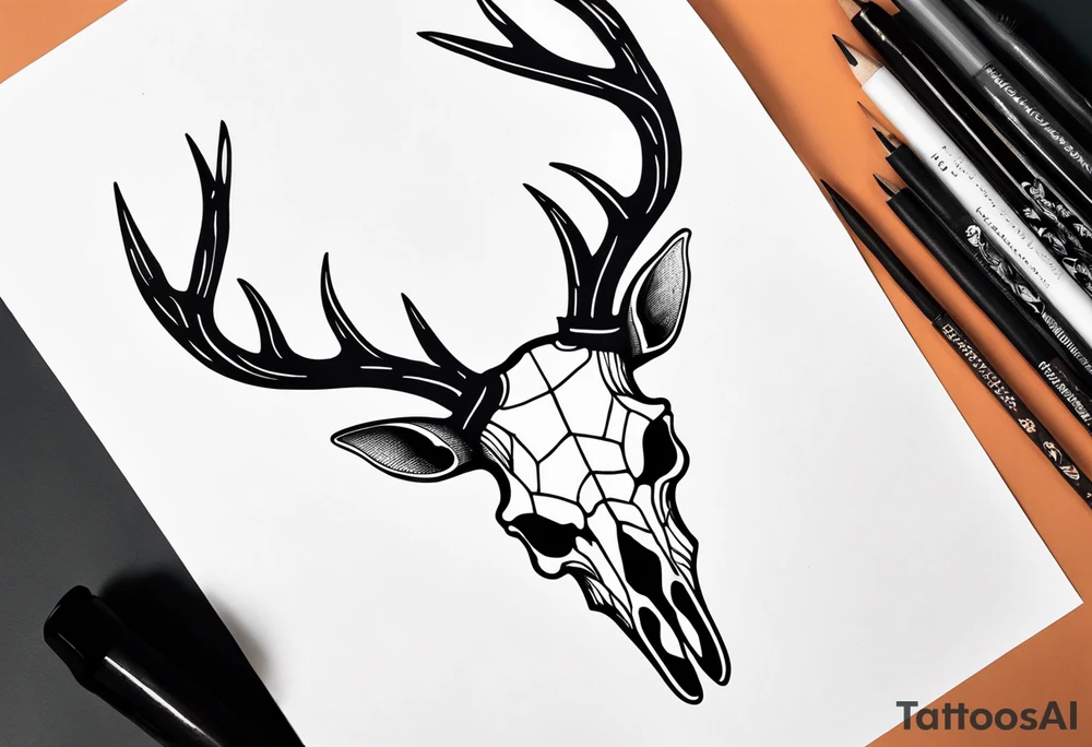 Halloween side view of a DECAYING deer skull JUST BONE surrounded by a forest fire in background tattoo idea