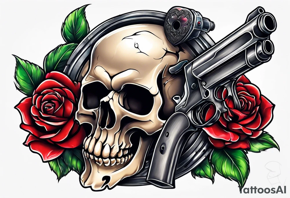 skull with a gun a  rose and a heart tattoo idea