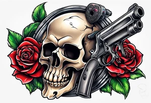 skull with a gun a  rose and a heart tattoo idea