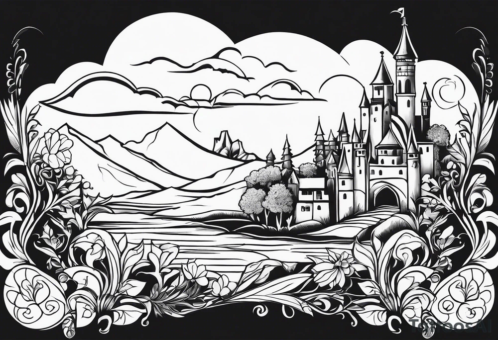 medieval tribal city 
floral  land  vignette tattoo idea