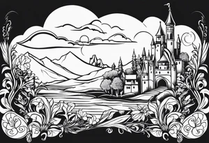 medieval tribal city 
floral  land  vignette tattoo idea