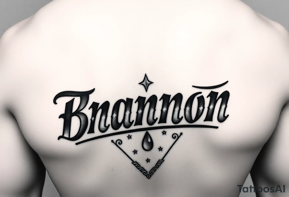 Brannon in old school Chicano lettering filled in with the traditional bandana tear drop design vertical for ribcage tattoo idea