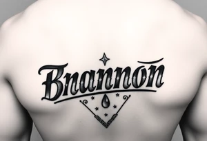 Brannon in old school Chicano lettering filled in with the traditional bandana tear drop design vertical for ribcage tattoo idea