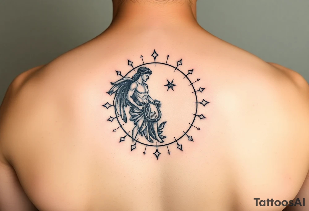 For the tattoo, you could have Apollo at the center of the constellation or circle of stars, holding his lyre (which represents harmony and creativity) or a bow (symbolizing precision and aiming toward your goals). His radiance could emanate outward, subtly merging with the stars or constellation, representing how your potential—though it might still be unfolding—is being guided and illuminated by his influence.

You could also place the one "unreached" star just slightly outside of the central circle, with Apollo’s light reaching toward it, signifying that while you may not have fully realized your potential yet, it's something that Apollo's guidance can help bring into focus. tattoo idea