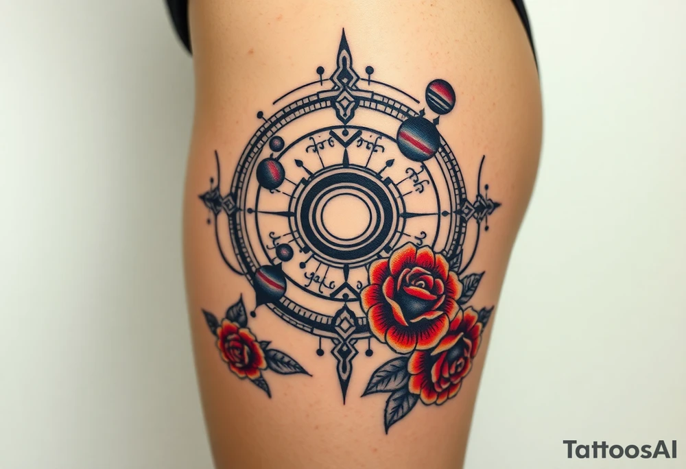 Milky way galaxy with planets with zodiac symbols and protection runes in it with red roses and sunflowers tattoo idea