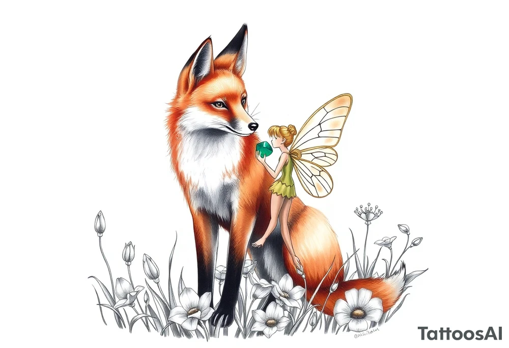 Fox with a fairy standing close to it  holding a emerild jem in a field of lillys tattoo idea