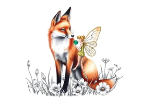 Fox with a fairy standing close to it  holding a emerild jem in a field of lillys tattoo idea