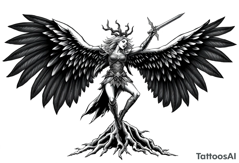 A fierce looking Valkyrie with very big dark wings. The whole body with legs should be visible.
She has armor.
She is flying towards the right, sword held high

She is screaming.
She is standing on roots tattoo idea