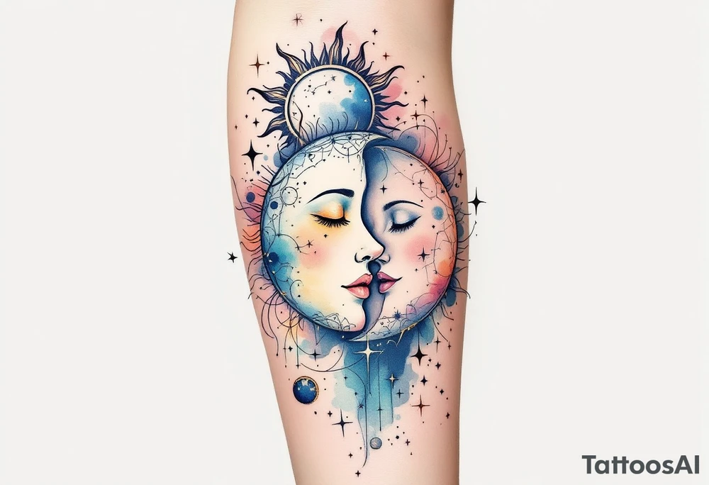 celestial sun and moon embrace with constellation patterns tattoo idea