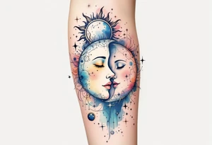 celestial sun and moon embrace with constellation patterns tattoo idea