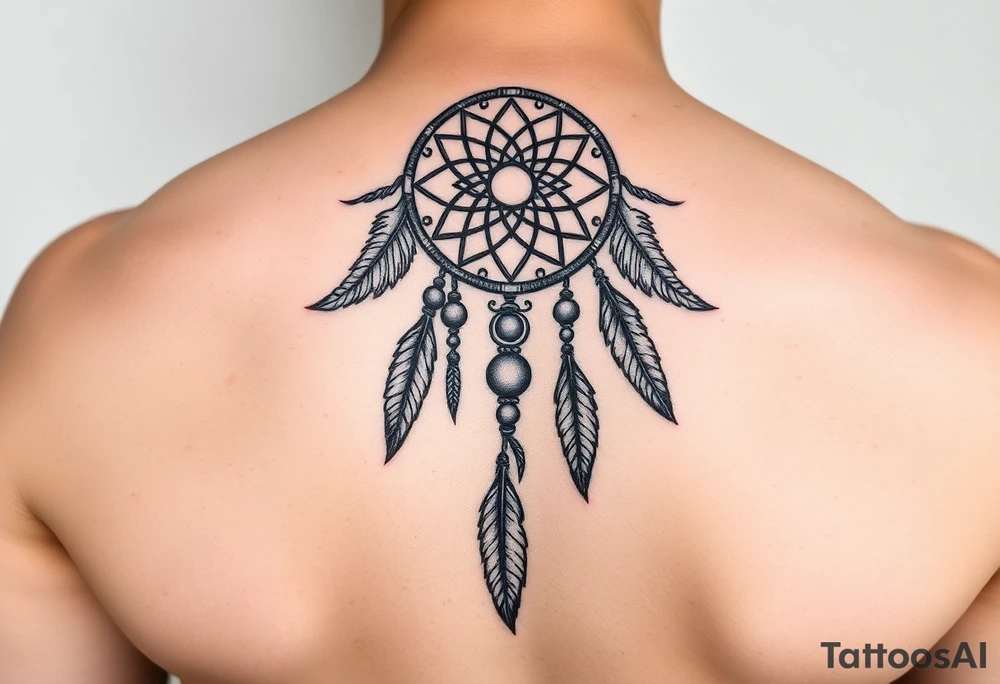 native dreamcatcher with flowing feathers and sacred beads tattoo idea
