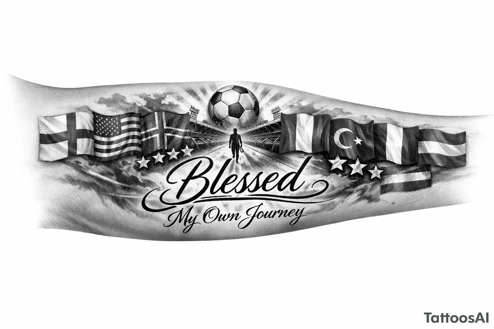 Football related my own journey England USA Iceland Italy Spain Turkey France Hungary flags inside forearm can u put 3 stars under iceland , 2 under turkey and italy
And quote in middle blessed tattoo idea
