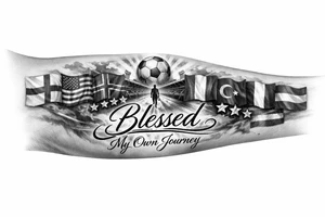 Football related my own journey England USA Iceland Italy Spain Turkey France Hungary flags inside forearm can u put 3 stars under iceland , 2 under turkey and italy
And quote in middle blessed tattoo idea
