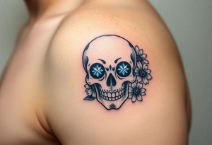 Masculine sugar skull with diamond gemstone eyes and daisy around the skull tattoo idea