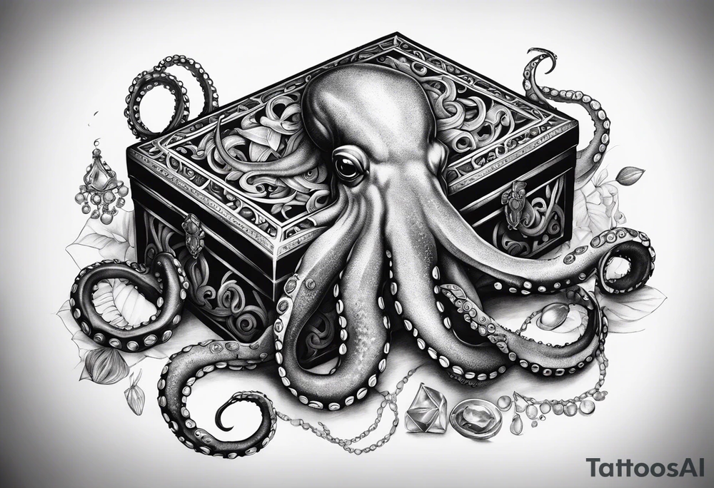 Octopus and crab with treasure box full of jewels tattoo idea
