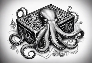 Octopus and crab with treasure box full of jewels tattoo idea