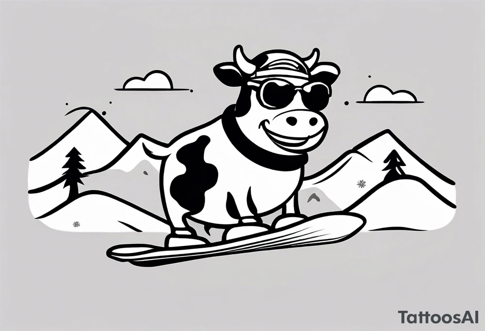 Generate a minimalist and simple black and white tattoo design featuring a joyful cow snowboarding, wearing goggles. Focus on essential lines and details to convey the playful spirit of the scene. The cow should exude confidence while effortlessly snowboarding down a snowy slope. Keep the design clean and uncluttered, suitable for a small to medium-sized tattoo space. Emphasize the charm and whimsy with the addition of goggles, ensuring the overall aesthetic remains simple and minimalistic. The goal is to create a visually appealing and easily recognizable tattoo that captures the essence of a cow enjoying a snowboarding adventure tattoo idea