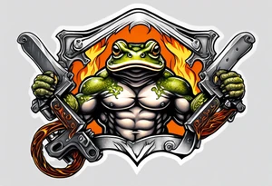 Angry Buff Bull frog holding a chainsaw surrounded by flames (wrist to bicep) with a husqvarna chainsaw tattoo idea