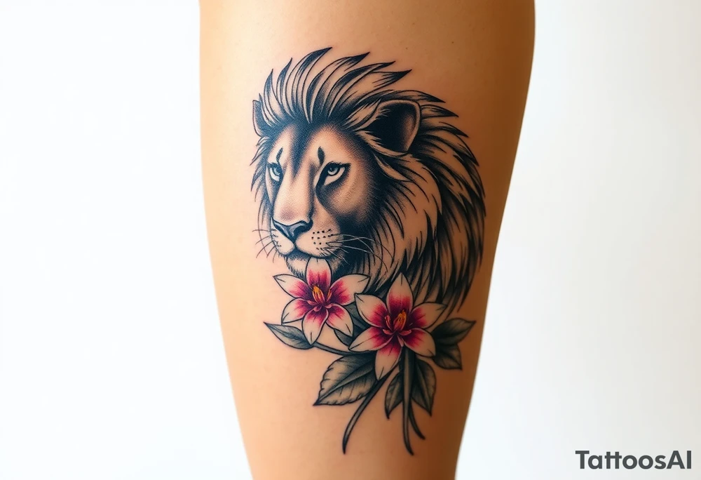 Lion with larkspur and water lilies tattoo idea