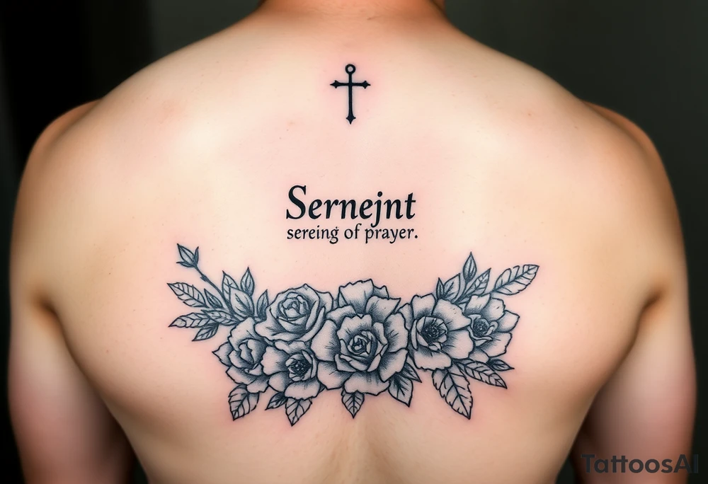 Symbol of the serenity prayer on a bed of roses and carnations in black and white apart from a baby blue water colour tattoo idea