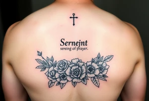 Symbol of the serenity prayer on a bed of roses and carnations in black and white apart from a baby blue water colour tattoo idea