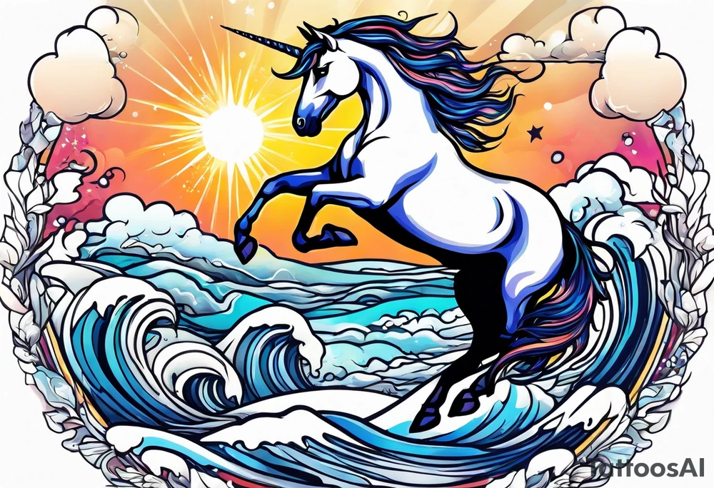 Unicorn jumping over a PENGUIN with the sun tattoo idea