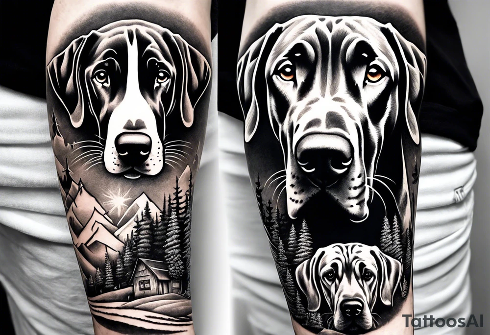 Arm sleeve for man with Great Dane Heads mixed in with other fill work that resembles the outdoors tattoo idea