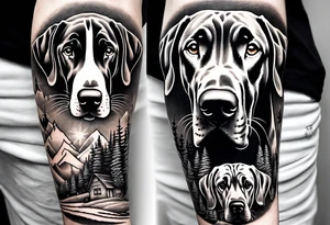 Arm sleeve for man with Great Dane Heads mixed in with other fill work that resembles the outdoors tattoo idea