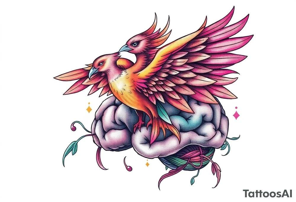 A phoenix flying out of a brain colorful tattoo idea