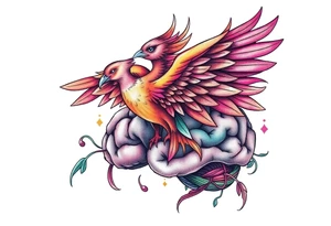 A phoenix flying out of a brain colorful tattoo idea
