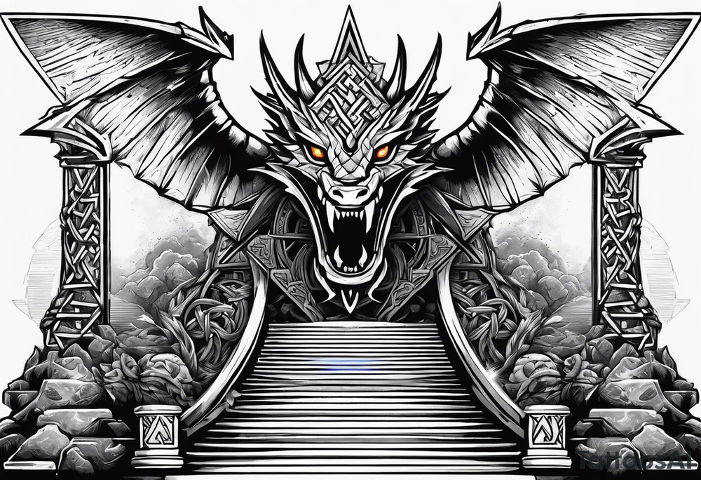 Valhalla sword shield dragon axe stairs Valknut barbed wire chains valknut fire tattoo idea Valhalla sword shield dragon axe stairs Valknut barbed wire chains valknut fire tattoo idea