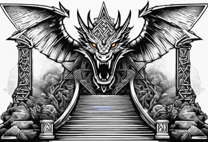 Valhalla sword shield dragon axe stairs Valknut barbed wire chains valknut fire tattoo idea