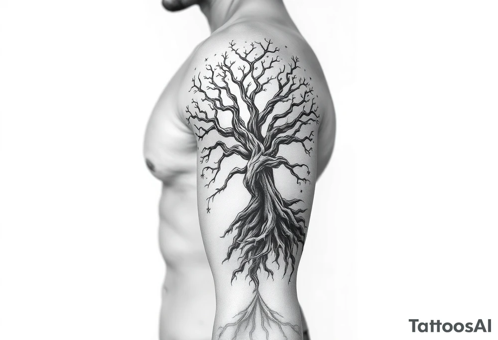 mystical tree of life with cosmic roots and celestial branches tattoo idea
