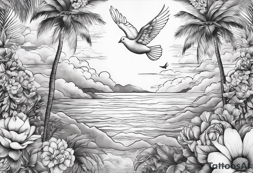 arm sleeve, clouds, dove, sun, flowers, palm trees, tattoo idea arm sleeve, clouds, dove, sun, flowers, palm trees, tattoo idea