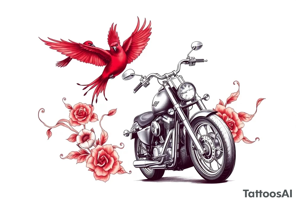Motorcycle driving away, two red birds flying, roses and lace, flames tattoo idea