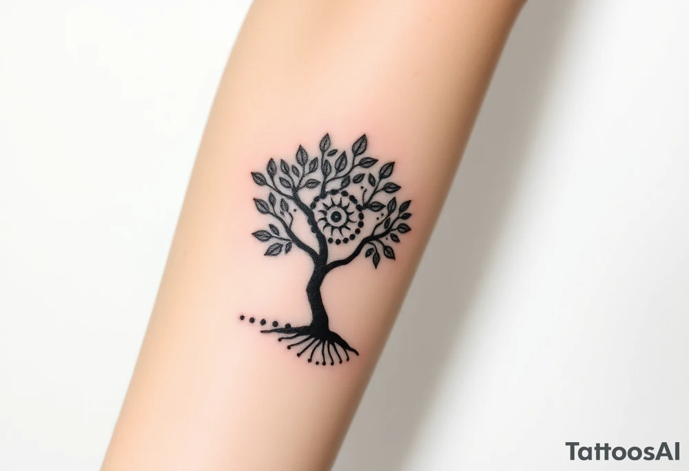 Fibonacci spiral shell on side of base of tree full of lots of leaves tattoo idea