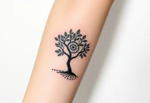 Fibonacci spiral shell on side of base of tree full of lots of leaves tattoo idea