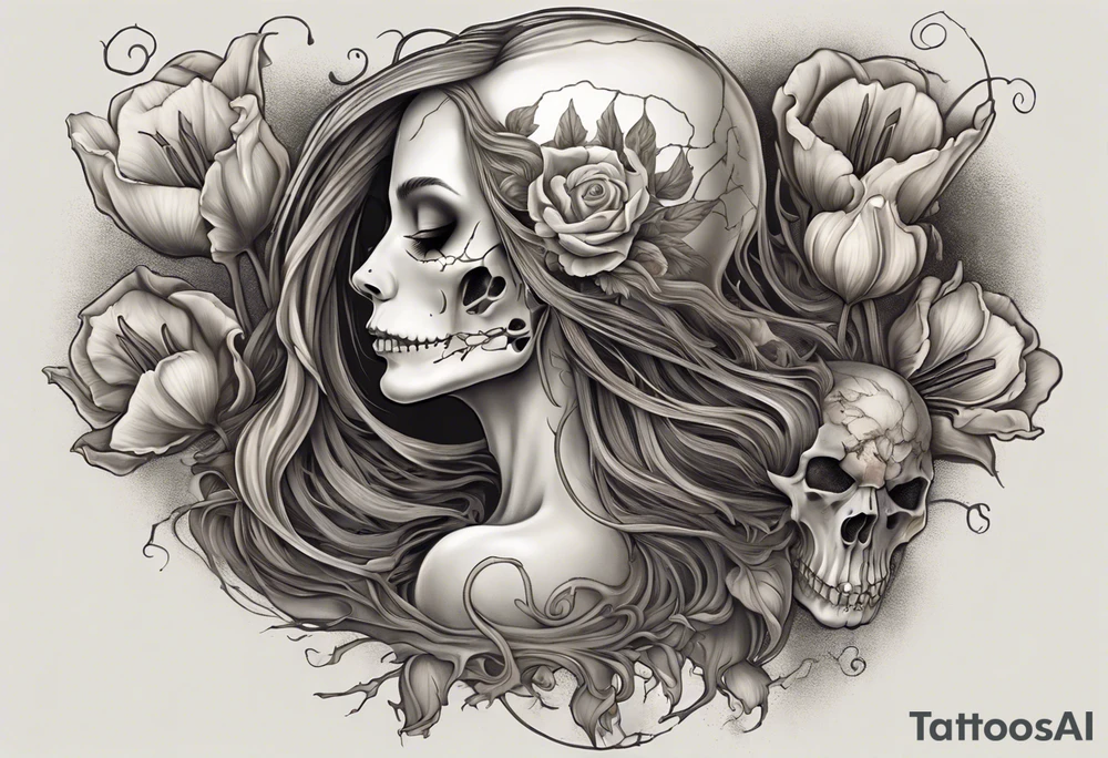 A profile view of a smiling female skull adorned with flowing, long hair, surrounded by symbolism representing the cycle of life and decay. Include a contrast between a fully decayed tulip, a pristine and vibrant tulip in full bloom, and a delicate tulip bud, all harmonizing with the eerie yet beautiful ambiance of the scene. tattoo idea