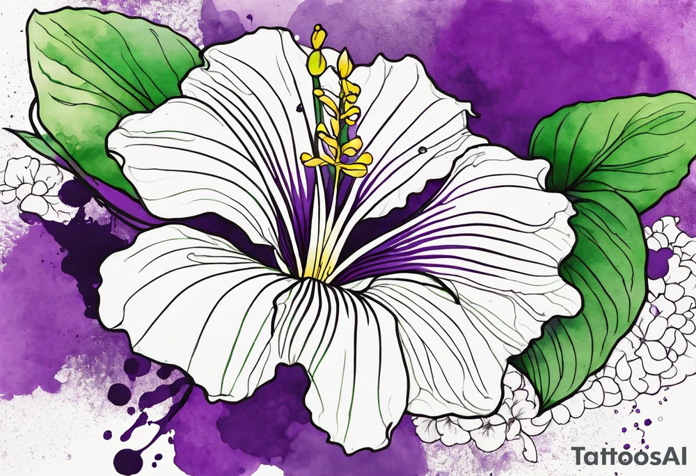 An outline of a rio dipladenia flower with green/purple pedals and a green/purple watercolor splash in the background tattoo idea