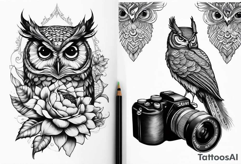 Sunflower, camera, book, peacock, owl tattoo idea