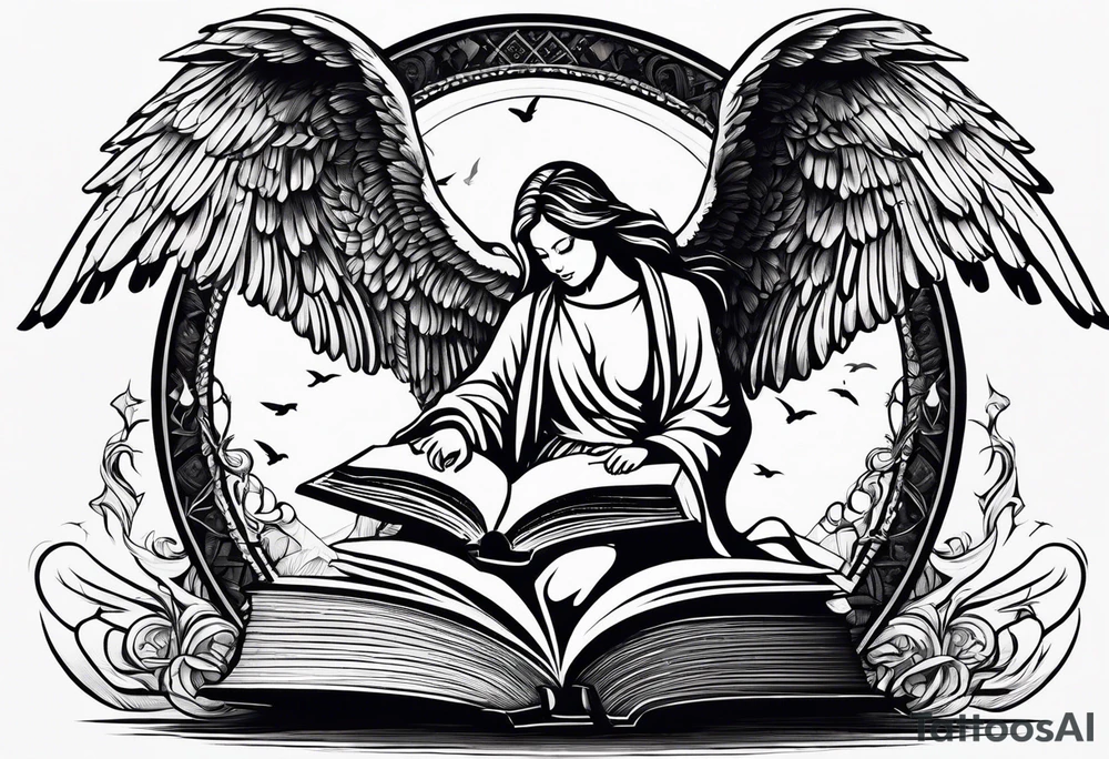 Angel kneeling next to open stack of books with bird silhouettes flying out of the book. tattoo idea