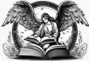 Angel kneeling next to open stack of books with bird silhouettes flying out of the book. tattoo idea