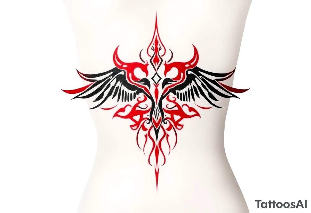 Tattoo that combines the star sign Taurus and Libra ,in red , down the spine tattoo idea