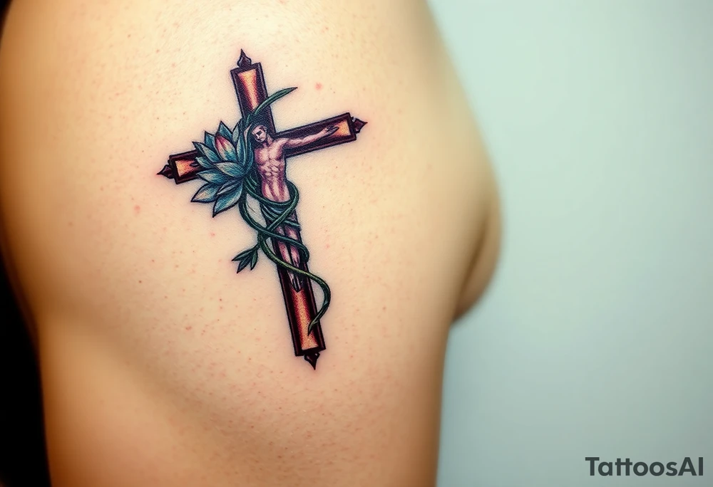 A Crucifix Wrapped in Lotus Vines (only red , blue and black are possible colors) tattoo idea