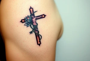 A Crucifix Wrapped in Lotus Vines (only red , blue and black are possible colors) tattoo idea