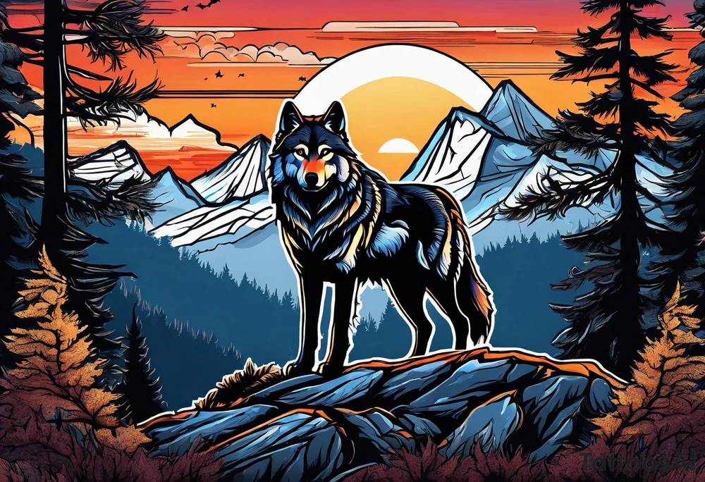 Wolves spouses
Dark woods
Mountains
Sunset tattoo idea