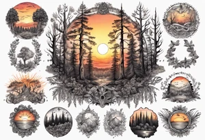 sunset in the forrest, detailed, ornament, stunning, high quality, intricate, ultra realistic tattoo idea