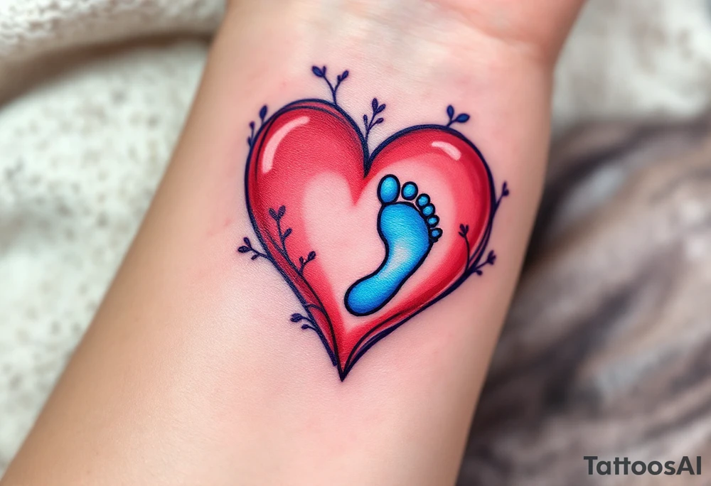 A red heart cradling a tiny blue baby footprint symbolizes eternal maternal love and protection. tattoo idea