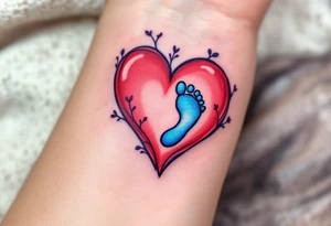 A red heart cradling a tiny blue baby footprint symbolizes eternal maternal love and protection. tattoo idea